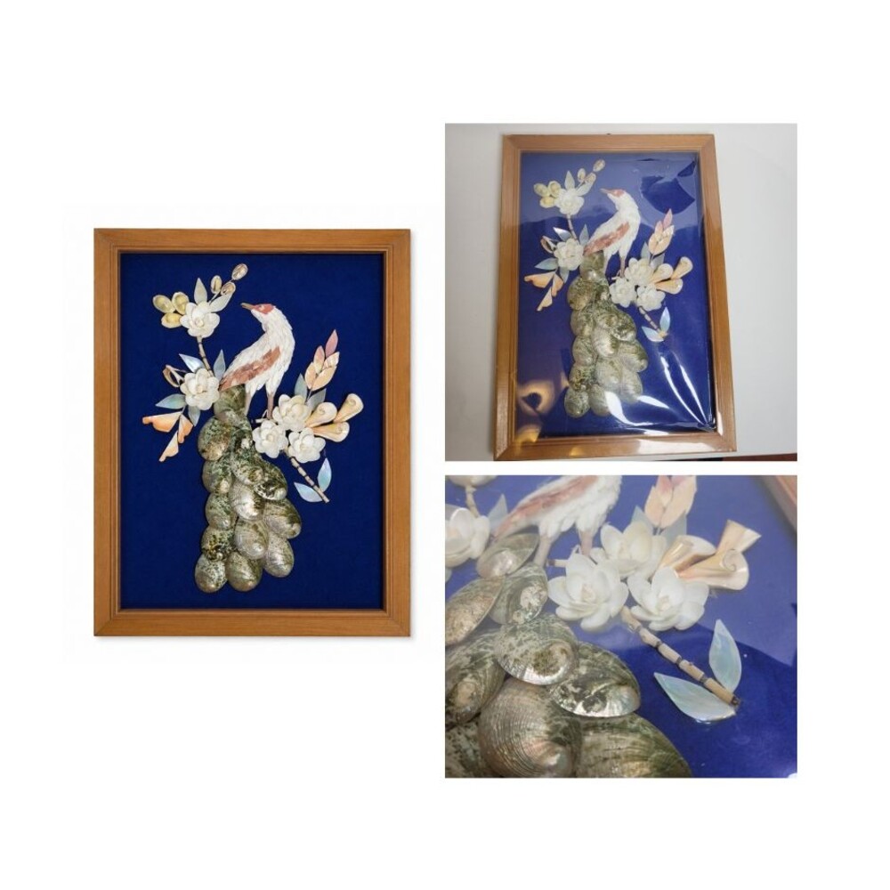 MCM Seashell Peacock Bird Blue Velvet Wall Art Framed 13x9 Cottagecore Handmade